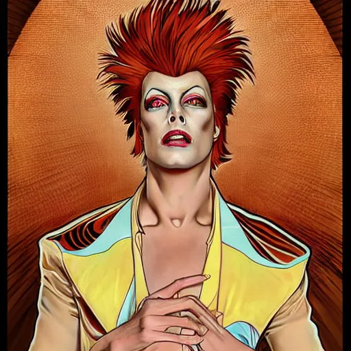 Image similar to tim curry as ziggy stardust, smooth, sharp focus, intricate, elegant, artgerm, alphonse mucha, trending on deviantart