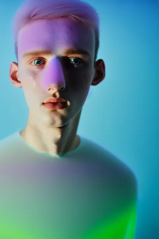 Image similar to high quality pastel coloured film mid angle portrait photograph of a beautiful young 2 0 year old male, soft features, short hair, perspex mask and oversized inflated clothing!!!! icelandic black! rock pool environment. atmospheric three point light. photographic. art directed. ( pastel colours ). volumetric. clearcoat. waves. 8 k. filmic.