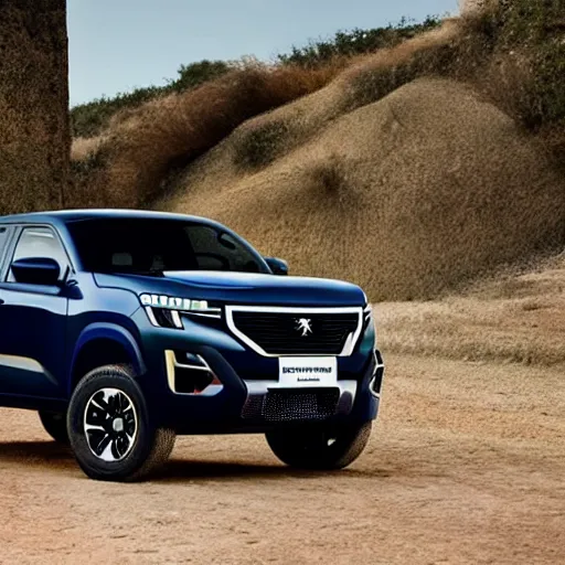 Prompt: A Pickup truck designed and produced by Peugeot in the production year of 2022, promotional photo