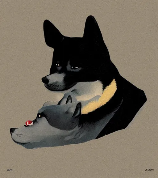 Prompt: black shiba sitting on black shiba by sachin teng, okami, hasui kawase