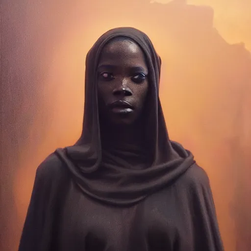 Image similar to a portrait of a young black woman wearing a long dark cloak, hood and shadows covering face, anatomically correct, beautiful face, enigmatic, oil painting, matte painting, black background, Volumetric Golden dappled dynamic lighting, Highly Detailed, Cinematic Lighting, Unreal Engine, 8k, HD, by Beksinski