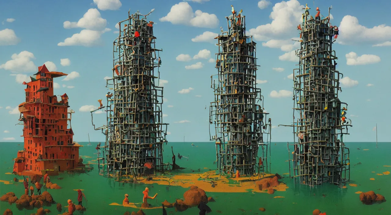 Prompt: single flooded simple claymation tower, very coherent and colorful high contrast!! masterpiece by rene magritte simon stalenhag carl spitzweg syd mead norman rockwell edward hopper james gilleard, minimalist, dark shadows, sunny day, hard lighting