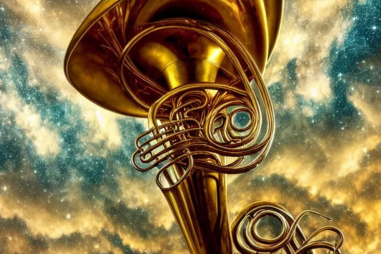 Image similar to a huge flock of many intricate elegant french horn tuba cloud filigreed cloud sculptures, art nouveau redwood forest environment, soothing, milky way, award winning art, epic dreamlike fantasy landscape, ultra realistic,