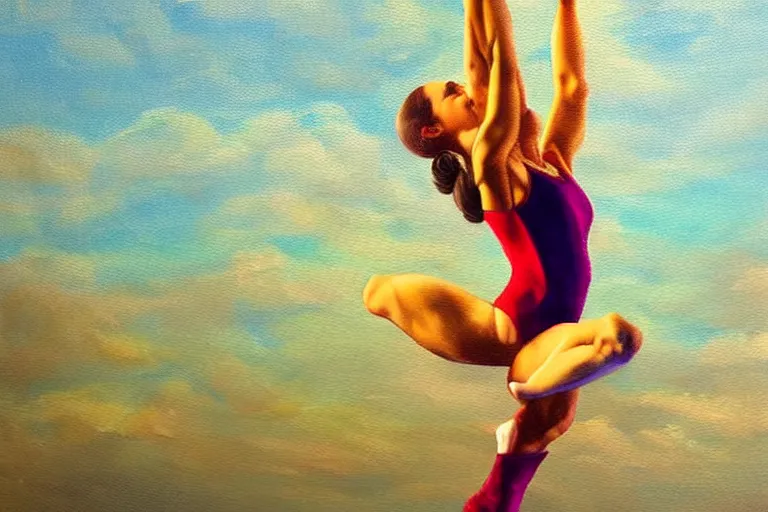 Image similar to gymnast girl, fantasy, painting, ultra realistic!!!, clear weather, golden hour, sharp focus
