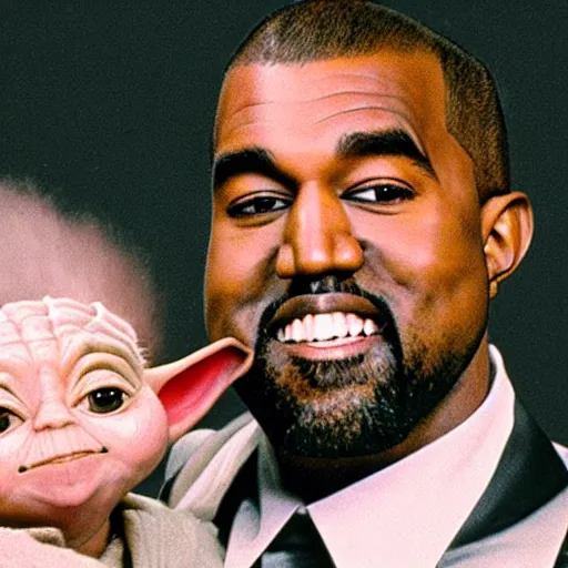 Image similar to kanye west smiling and holding yoda for a 1 9 9 0 s sitcom tv show, studio photograph, portrait