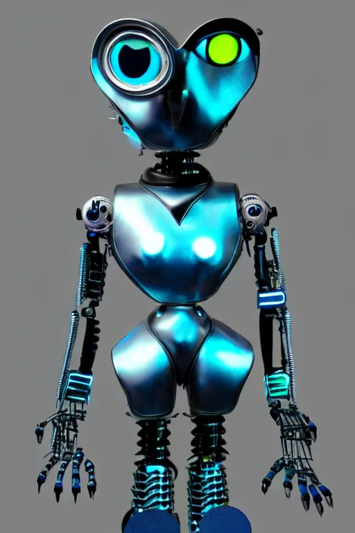 Prompt: picture of an robotic owl, cyberpunk style, she is made from stainless steel and leather, her colors colors are metallic blue and metallic green