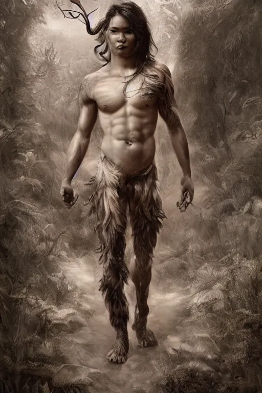 Prompt: Booboo Stewart as a satyr full body portrait, seductive, sexy, leaves, intricate, digital painting, old english, sepia, whimsical background by marc simonetti, artwork by liam wong