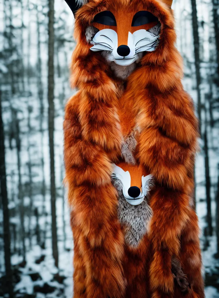 Prompt: a head and shoulders portrait of a beautiful woman wearing a realistic fox mask, long flowing hair, taxidermy, real fur, whiskers, by Nina Masic, by Flora Borsi, by Ilya Kuvshinov, 50mm f/1.4, bokeh, kodak ektar, magical forest