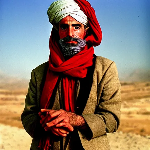 Image similar to portrait of john adams as afghan man, green eyes and red scarf looking intently, photograph by steve mccurry