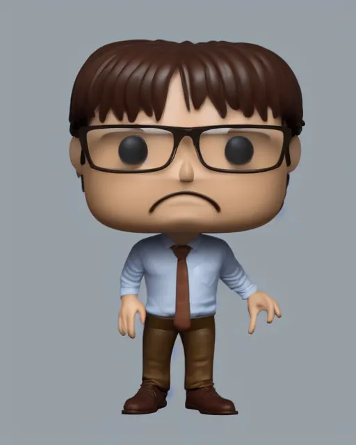 Image similar to full body 3d render of Dwight Schrute as a funko pop, studio lighting, white background, blender, trending on artstation, 8k, highly detailed