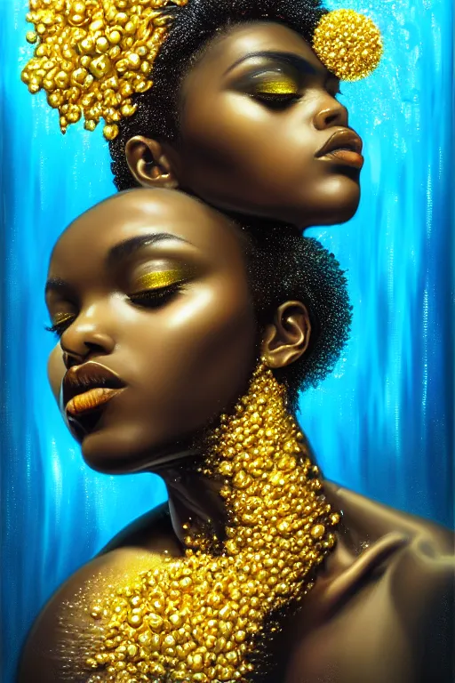 Prompt: hyperrealistic precisionist cinematic profile super expressive! black oshun goddess, in water! up to shoulders, mirror dripping droplet!, gold flowers, highly detailed face, digital art masterpiece, smooth eric zener cam de leon, dramatic pearlescent turquoise light on one side, low angle uhd 8 k, shallow depth of field