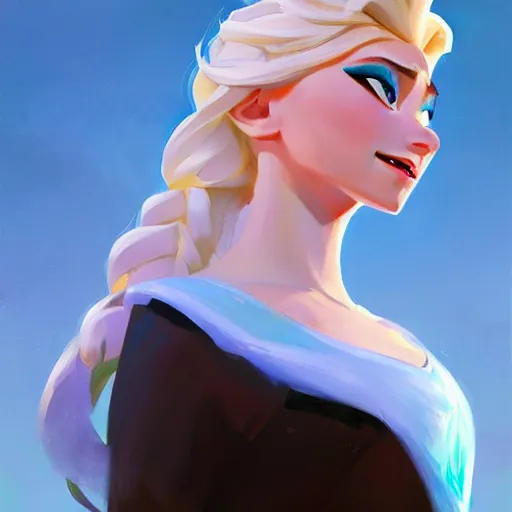 Image similar to greg manchess portrait painting of elsa from frozen as overwatch character, medium shot, asymmetrical, profile picture, organic painting, sunny day, matte painting, bold shapes, hard edges, street art, trending on artstation, by huang guangjian and gil elvgren and sachin teng