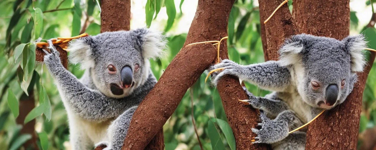 Image similar to 1 koala ( solo ), eating spaghetti from a tree, canon 5 0 mm, film, kodachrome, retro, muted