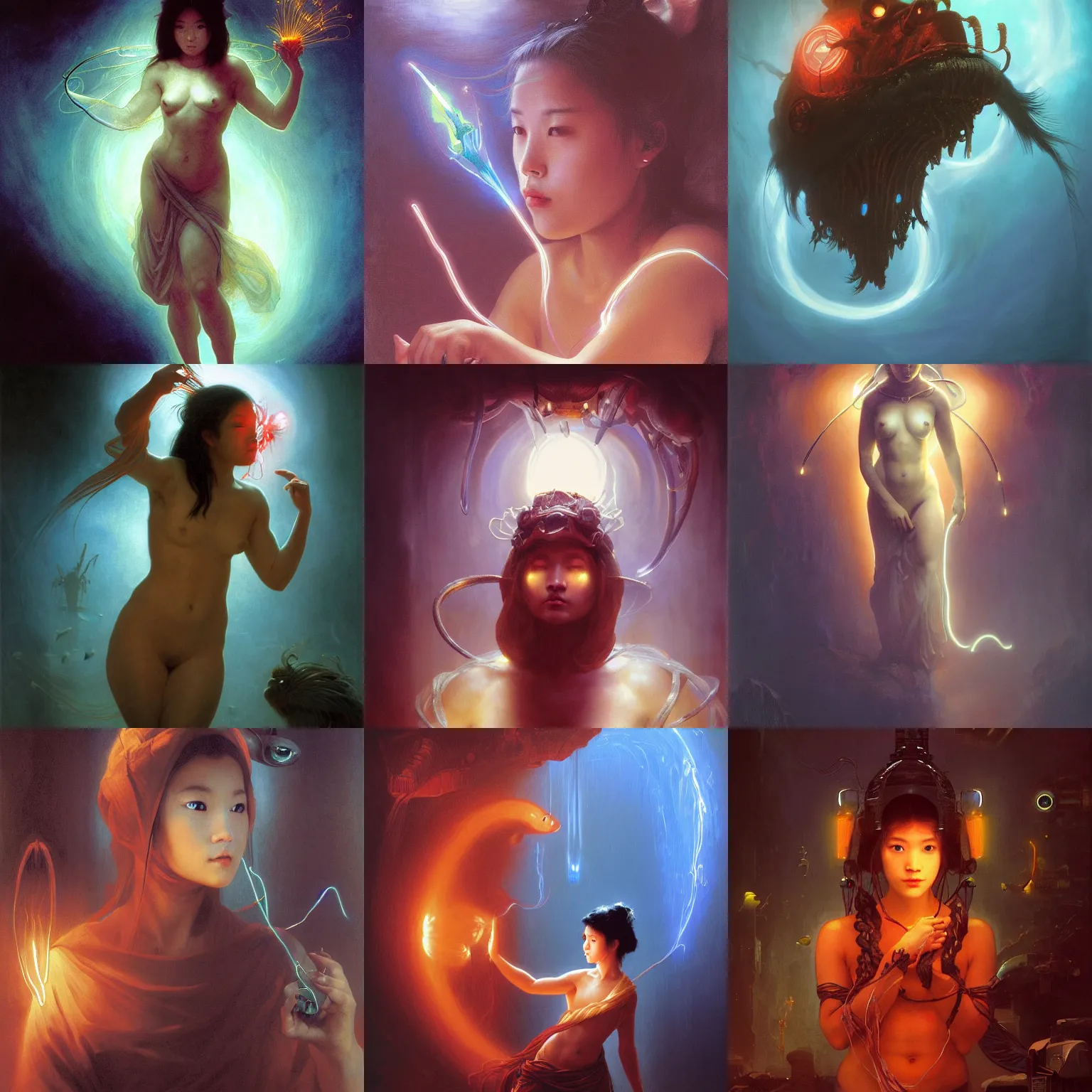 Prompt: awe-inspiring award-winning concept art painting of attractive asian female anglerfish in neon shrouds as the goddess of lasers, sparks, by Michael Whelan, William Adolphe Bouguereau, John Williams Waterhouse, and Donato Giancola, cyberpunk, extremely moody lighting, glowing light and shadow, atmospheric, shadowy, cinematic, 8K,