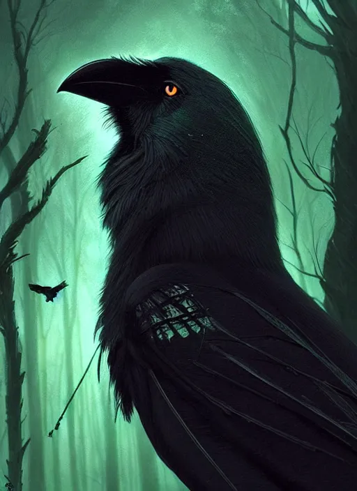 Image similar to side portrait dark crow (animal), close-up, fantasy forest landscape, moonshine, fantasy magic, nice black feather, proud, green dark light night, intricate, elegant, sharp focus, illustration, highly detailed, digital painting, concept art, matte, art by WLOP and Artgerm and Greg Rutkowski and Eddie Mendoza, masterpiece