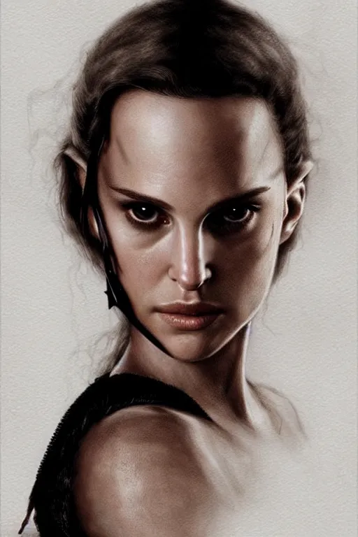 Image similar to young natalie portman, battle warrior, lord of the rings, tattoos, decorative ornaments, greg rutkowski, perfect face, fine details, realistic shading, photorealism