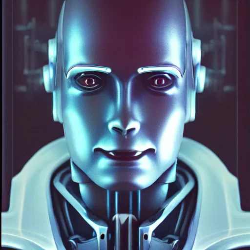Image similar to a robot with the face of walt disney, cyberpunk photo, award winning portrait, uncanny valley, dynamic lighting, detailed face, sharp focus, cinestill 8 0 0 t, sci fi book cover, retro futurism
