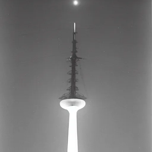 Image similar to a picture of an ufo above an television tower at night, 1 9 6 0's, black and white