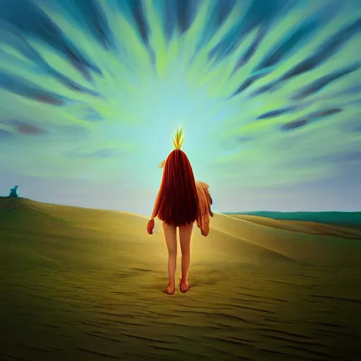 Prompt: closeup giant dahlia flower as head, a girl walking between dunes, surreal photography, sunrise, blue sky, dramatic light, impressionist painting, digital painting, artstation, simon stalenhag