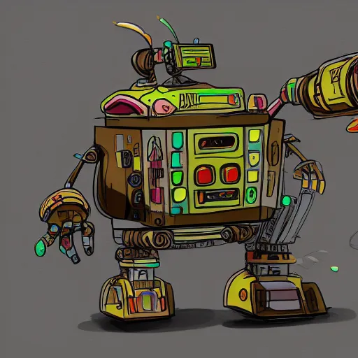 Image similar to a drawing of a robot with a lot of stuff on top of it, concept art by Nyuju Stumpy Brown, deviantart contest winner, toyism, concept art, apocalypse art, 2d game art