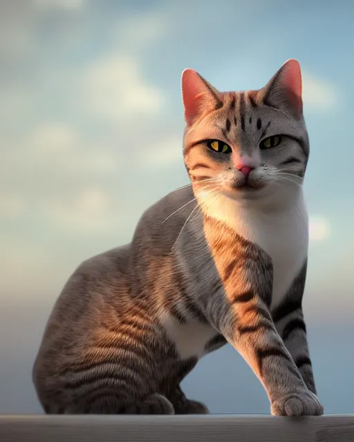 Image similar to A very muscle cat ultra-realistic, white background, 8k HDR sunset lit, intricate detail