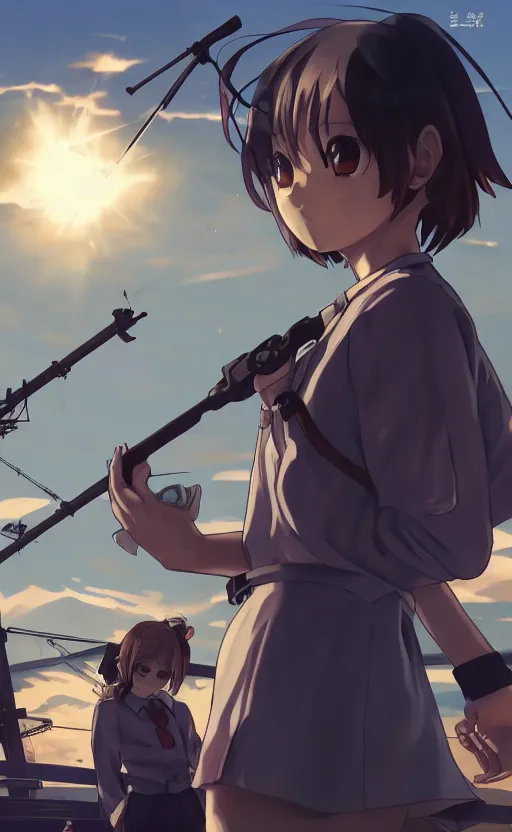 Image similar to anime style, gta 5, panoramic view of shipgirl, searchlights in background, sailor clothing, short hair, hair down, symmetrical facial features, from arknights, hyper realistic, 4 k, extreme detail, detailed drawing, trending artstation, hd, d & d, realistic lighting, by alphonse mucha, greg rutkowski, sharp focus, backlit