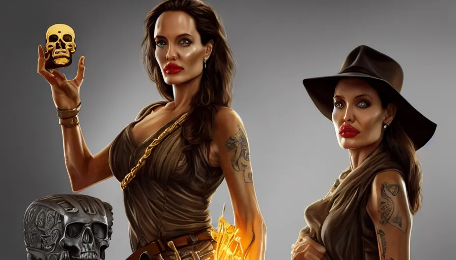 Prompt: angelina jolie as indiana jones holding a whip in left hand and holding a golden mayan skull in the right hand, grey background, hyperdetailed, artstation, cgsociety, 8 k