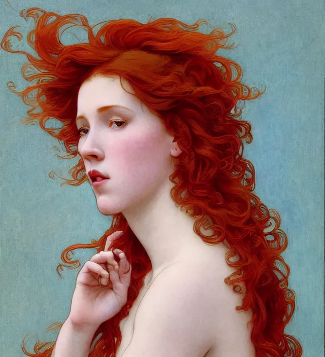 Image similar to intricate art nouveau portrait of redheaded young molly ringwald with long red hair blowing in the wind, mouth open, wearing a thin white dress, in front of a carved screen, elegant, digital painting, smooth, sharp focus, illustration, ultra realistic, 8 k, by bouguereau, alphonse mucha, artgerm, and donato giancola