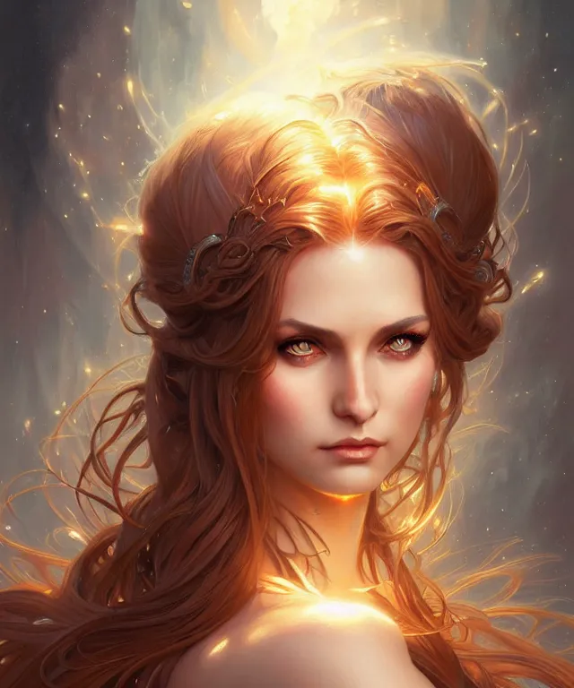 Image similar to fantasy magic woman portrait, sci-fi, amber eyes, face, long hair, fantasy, intricate, elegant, highly detailed, digital painting, artstation, concept art, smooth, sharp focus, illustration, art by artgerm and greg rutkowski and alphonse mucha