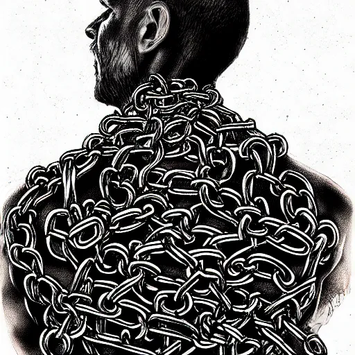 Image similar to A PORTRAIT FROM BEHIND OF A MAN ,THE THE MAN IS WRAPPED IN CHAINS ,detailed, concept art, ink style , sketch