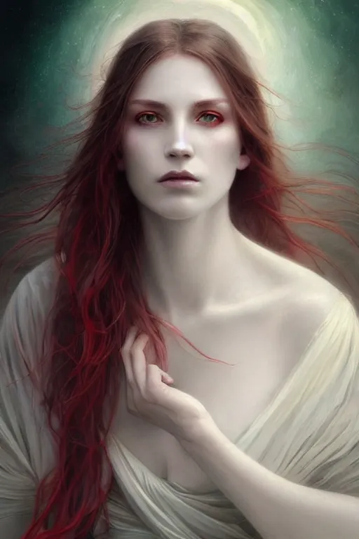 Image similar to portrait of white ghost, dark fantasy, gradient white red grey, dreamy and ethereal, green eyes, golden ratio, peaceful expression, lace, fantasy, intricate, elegant, stormy sky, highly detailed, digital painting, artstation, concept art, smooth, b sharp focus, illustration, art by artgerm and greg rutkowski and alphonse mucha