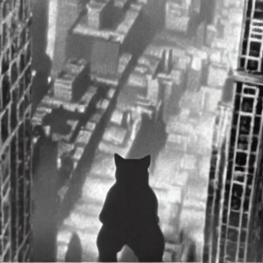 Prompt: A still of a cat climbing the Empire State Building in King Kong (1933)