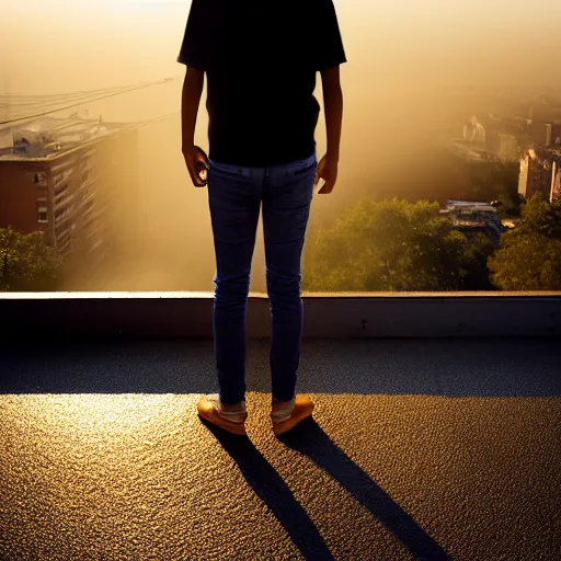 Image similar to un ultra high definition studio quality photograph portrait of a young man with black hair standing on one foot on the rooftop of an apartment building wearing eclectic clothes looking away from the camera. wide angle. sunny. art directed. clear. fog. three point light. extremely detailed. golden hour, golden ratio, ray tracing, volumetric light, shallow depth of field.