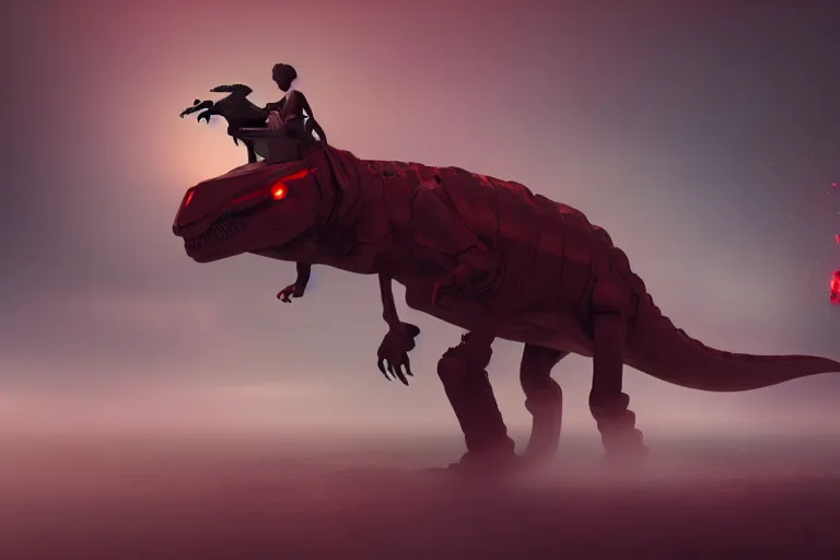 Image similar to a beautiful robot woman riding a dinosaur, misty, digital art, hazy, foggy, red lighting, ambient lighting, 8 k,