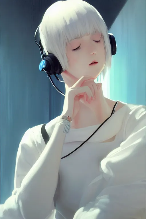 Image similar to a cute young woman listening to music with her eyes closed and wearing headphones, white bob cut hair, cyberpunk setting, e-girl, blue and white, soft lighting, atmospheric, cinematic, moody, in the style of Ilya Kuvshinov and Range Murata, Krenz Cushart, oil on canvas, 8k