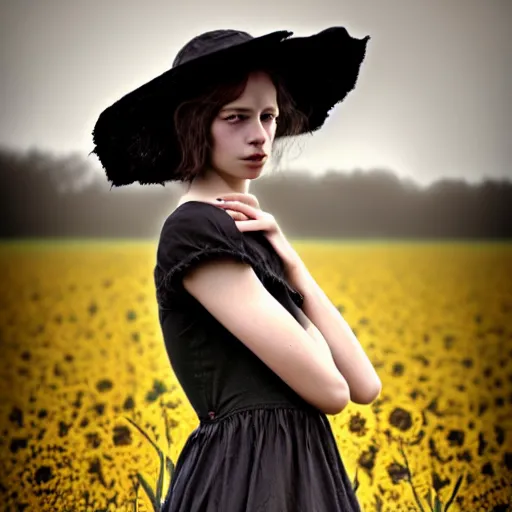 Prompt: a girl standing in a field, wearing black old dress and hat, detailed hands, by andrea kowch, andrea kowch, dark, scene, magicrealism, flowers in background,