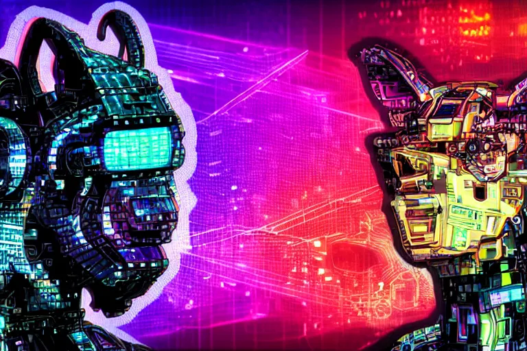 Image similar to complex cyberpunk machine background merged with evil cybernetic goat head in center focus, multicolored digital art