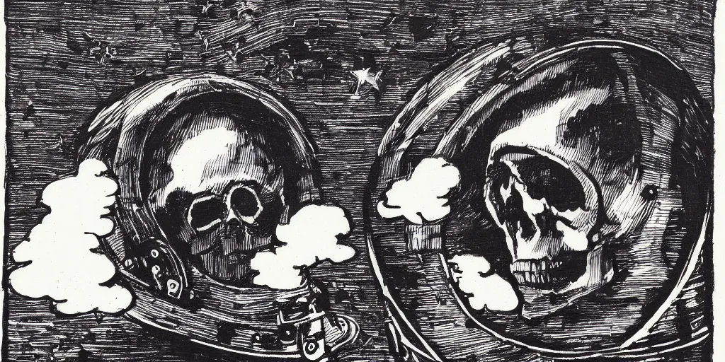 Image similar to etch portrait of a skull wearing a space helmet, in the style of goya etchings, scifi, big clouds visible in the background, stars in the sky, high contrast, deep black tones