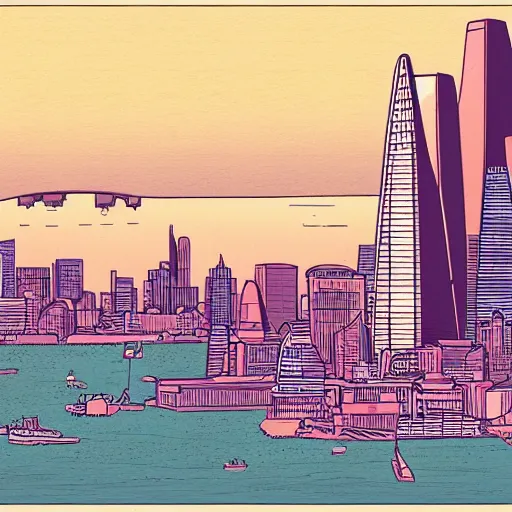 Image similar to an illustration of san fransisco in the style of moebius