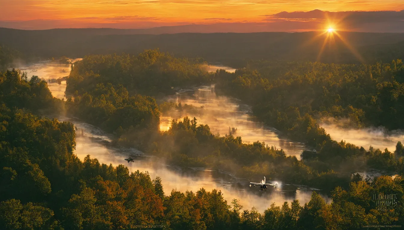 Image similar to a steam powered flying boat flies above a river valley at sunset, photograph with lighting by frederic edwin church, golden hour, nature, 2 4 mm lens, fujifilm, fuji velvia, flickr, 5 0 0 px, award winning photograph, highly detailed, beautiful capture, rule of thirds, crepuscular rays, steam punk