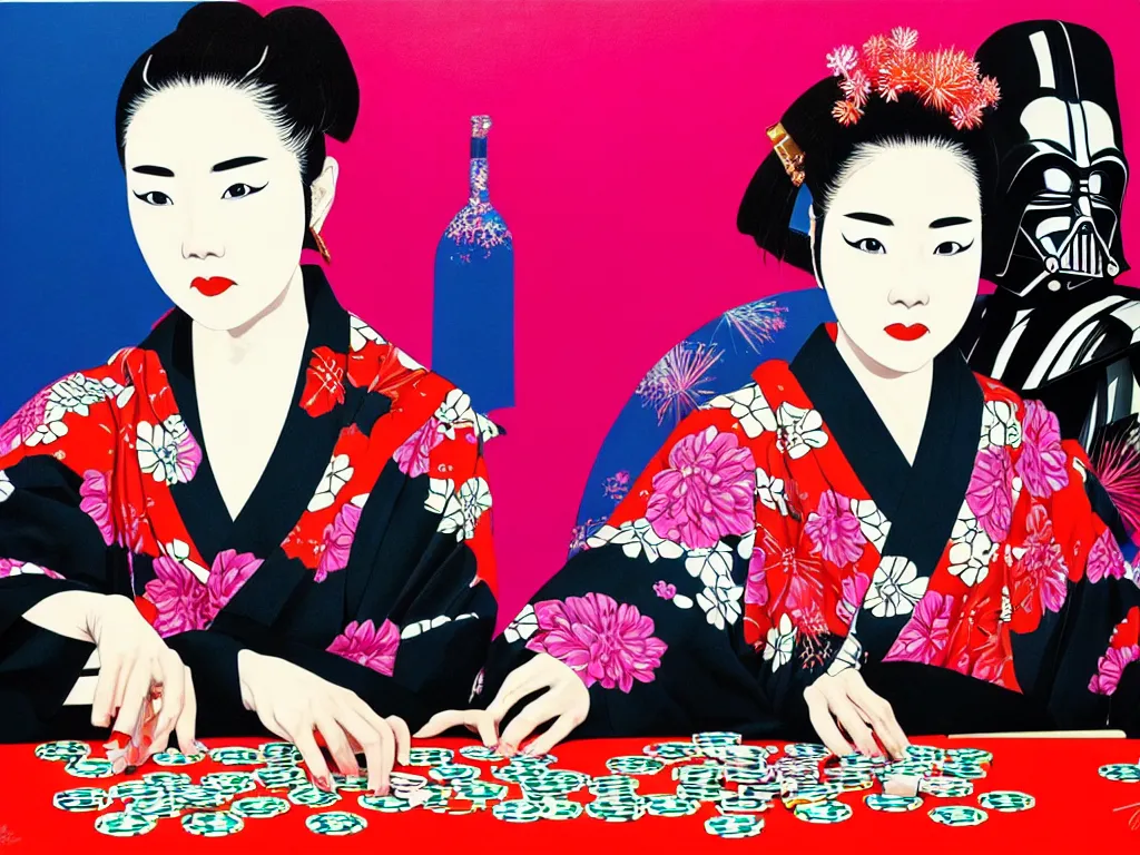 Image similar to hyperrealistic composition of the detailed woman in a japanese kimono sitting at a extremely detailed poker table with detailed darth vader, fireworks, mount fuji on the background, pop - art style, jacky tsai style, andy warhol style, acrylic on canvas