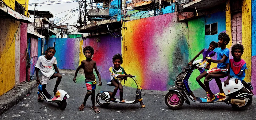 Image similar to a young favela black boys, riding on the moped scooter, on the street of rio de janeiro favela, digital illustration by ruan jia on artstation, colorful, rainbow, sunlight, soft lighting, insanely detailed and intricate, hypermaximalist, elegant, ornate, hyper realistic, super detailed, by akihito yoshida, by bob byerley