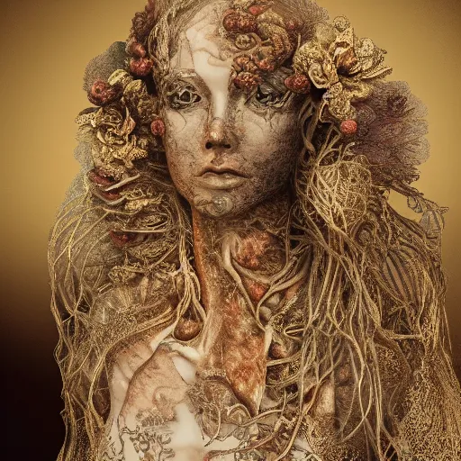 Image similar to beatifull face portrait of a woman, 150 mm, anatomical, flesh, flowers, mandelbrot fractal, facial muscles, veins, arteries, intricate, golden ratio, full frame, microscopic, elegant, highly detailed, ornate, ornament, sculpture, elegant , luxury, beautifully lit, ray trace, unreal, 3d, PBR, in the style of peter Gric , alex grey and Romero Ressendi