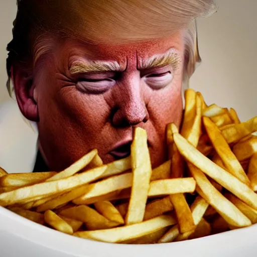 Prompt: high quality photo of Donald Trump, clothed, crying while laying in a bathtub full of French fries