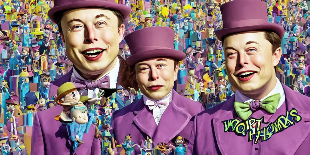 Prompt: Elon Musk as Willy Wonka, created by Scott Listfield