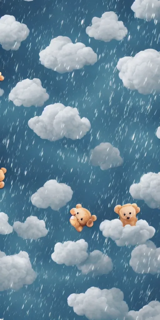 Image similar to teddy bears raining from a stormy cloud, anime scenery, 4k ultra