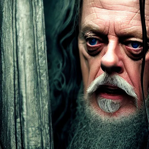 Image similar to portrait of Steve buscemi as Gandalf. Peter Jackson, lord of the rings, return of the king. cinematic, high detail, photography, 8k, iridescent accents