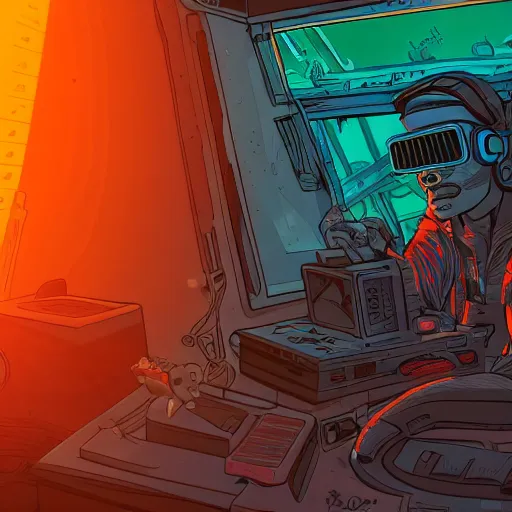 Prompt: in the style of max prentis and deathburger and laurie greasley a beautiful close up of a young explorer wearing a cyberpunk headpiece playing video games in his treehouse, highly detailed, 8 k wallpaper