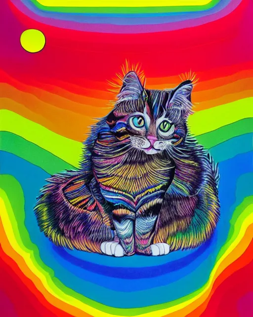 Prompt: a giant contraption for probing and amplifying the thoughts of a fluffy cat, exhibited and touted by its inventor at a county fair in rural Kansas, a Victorian lithograph, by Felipe Pantone, Lisa Frank