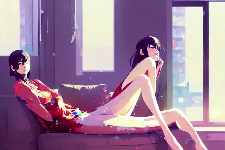 Prompt: a ultradetailed beautiful panting of a stylish woman sitting in a messy apartment, by makoto shinkai, conrad roset and greg rutkowski, trending on artstation